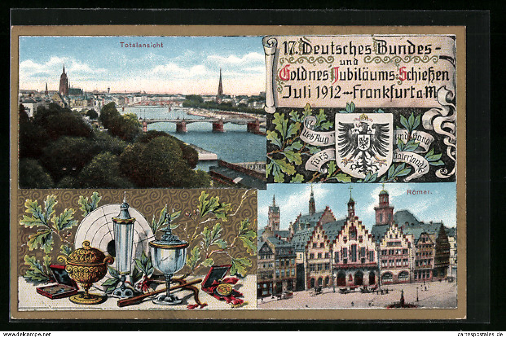AK Frankfurt, 17. Deutsches Bundesschiessen 1912, Totalansicht D. Ortes, Römer, Wappen, Reichsadler, Schützenverein  - Jagd