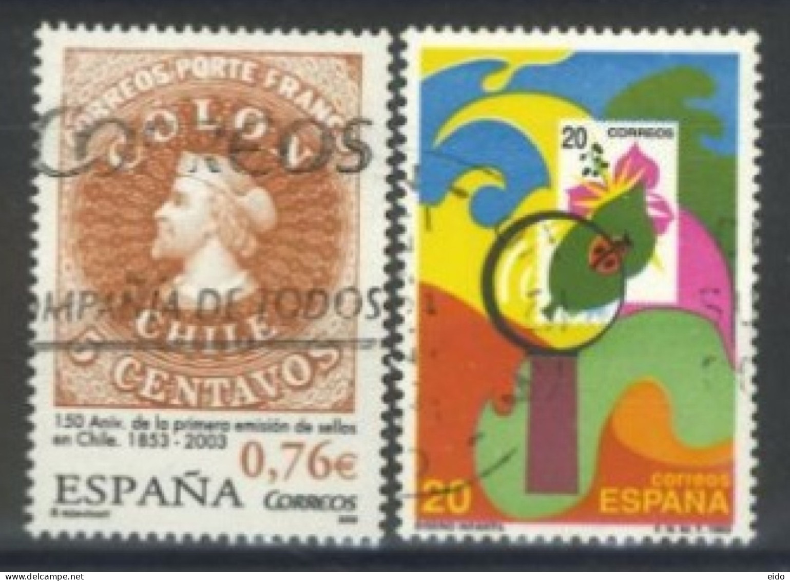SPAIN,1989/2003, STAMP COLLECTING & CHILEAN POSTAGE STAMPS SET OF 2, # 2592, 3227, USED. - Used Stamps