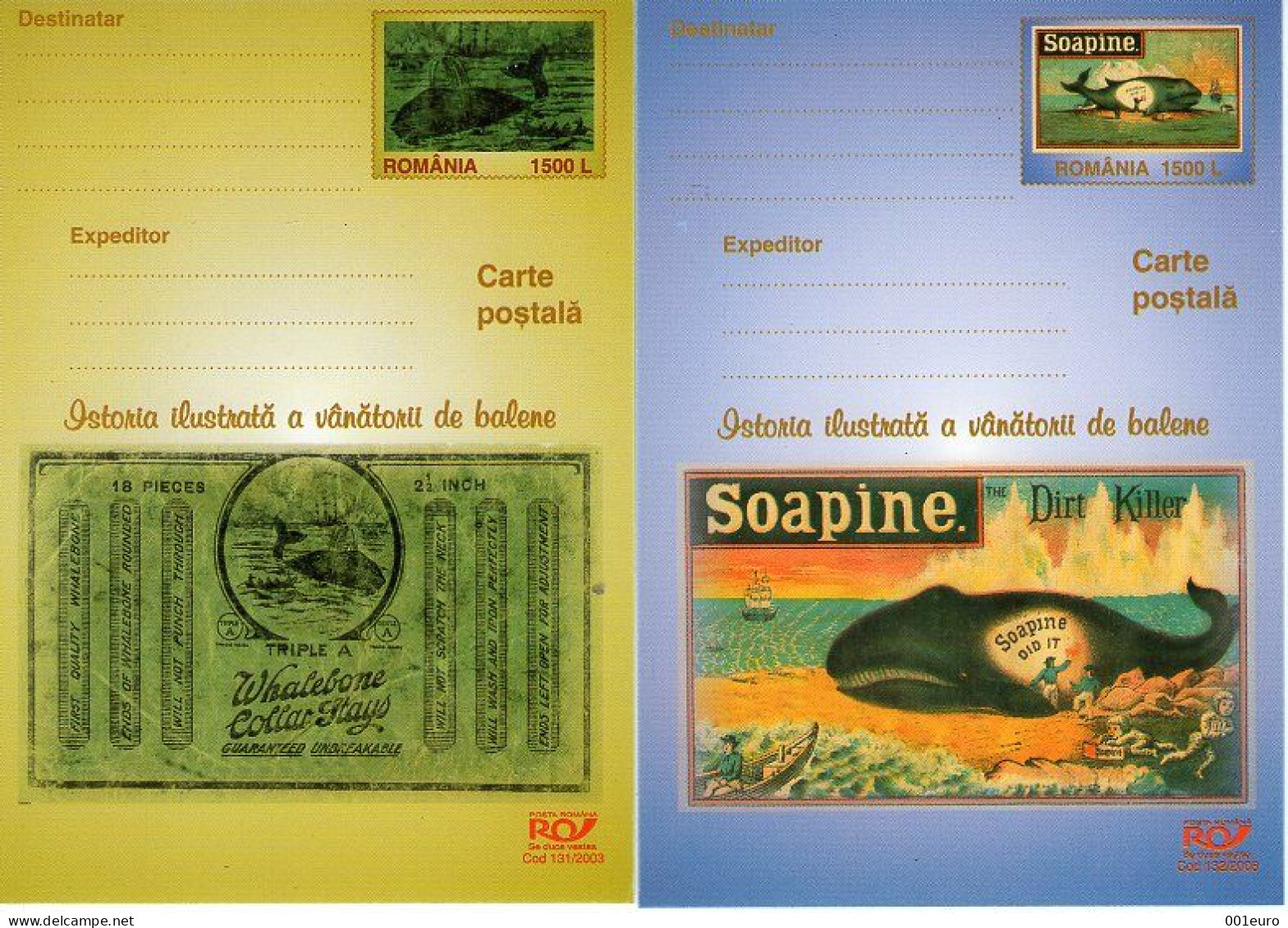 ROMANIA 2003: WHALING, AN ILLUSTRATED HISTORY, 5 Unused Postal Stationery Cards - Registered Sending! Envoi Enregistre! - Ganzsachen