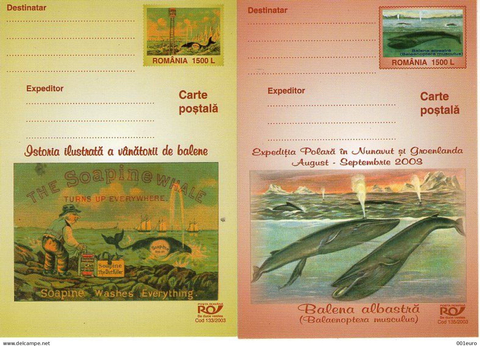 ROMANIA 2003: WHALING, AN ILLUSTRATED HISTORY, 5 Unused Postal Stationery Cards - Registered Sending! Envoi Enregistre! - Ganzsachen