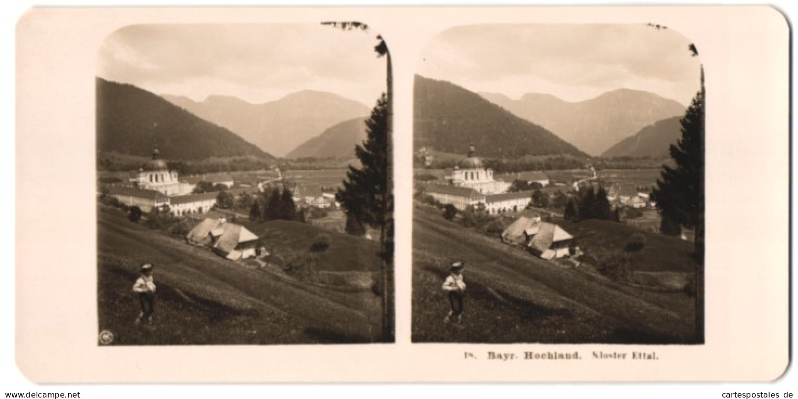 Stereo-Fotografie NPG, Berlin, Ansicht Ettal, Junger Knabe In Lederhosen Vor Dem Kloster Ettal  - Stereoscopic