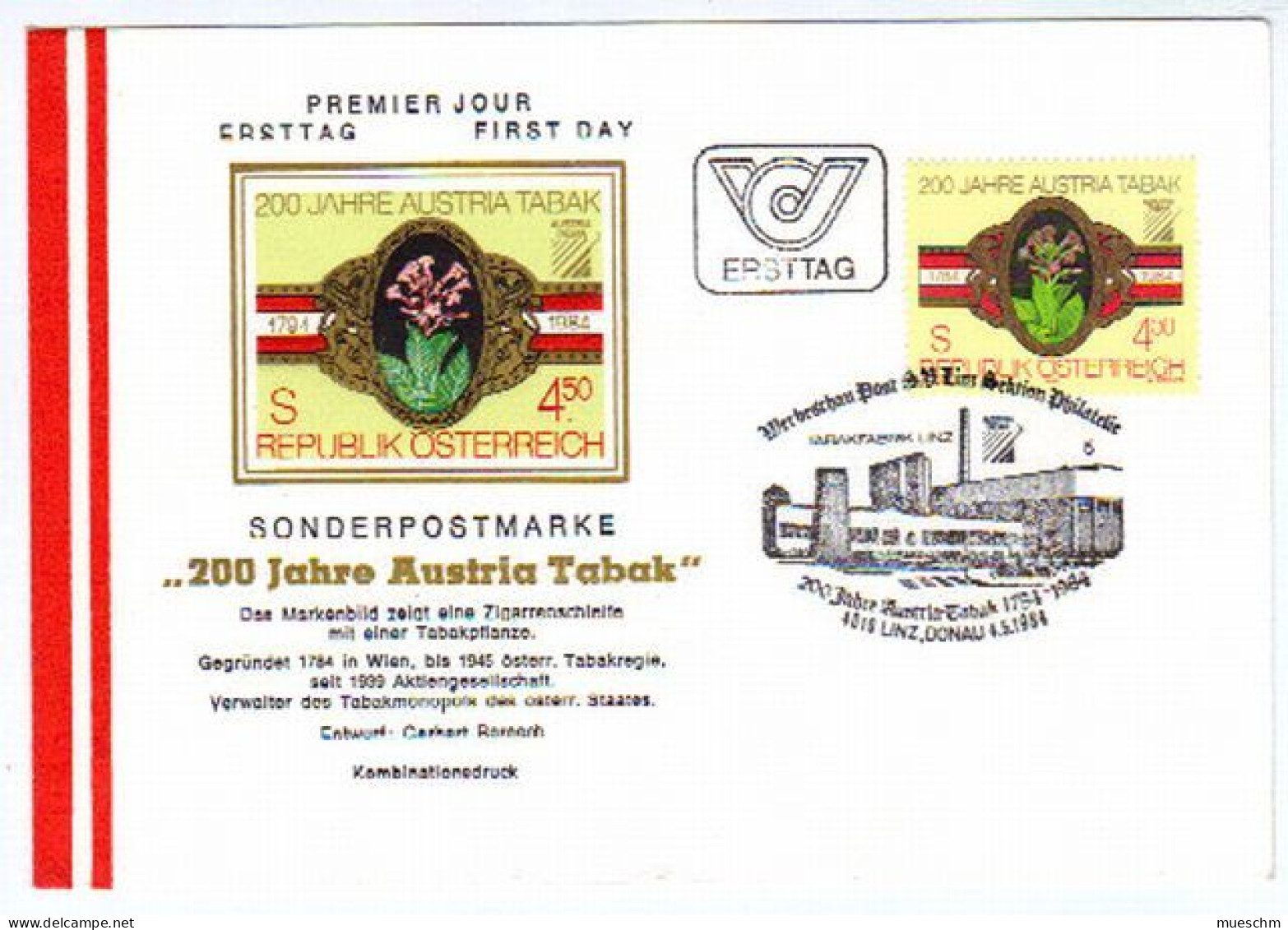 Österreich, 1984, Ersttagskuvert  "200 Jahre Austria Tabak" Mi.Nr.1769 Und Zusätzl.Sonderstempel (9095X) - FDC