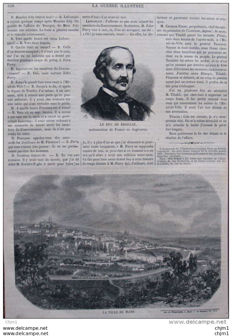 La Ville Du Mans - Le Duc De Broglie - Page Original 1871 - Historische Dokumente