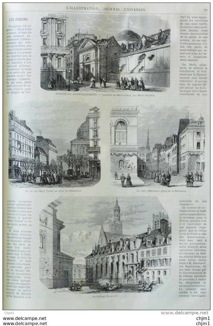 Bombardement De Paris - Le Café D'Harcourt, Place De La Sorbonne - Page Original 1871 - Historische Dokumente