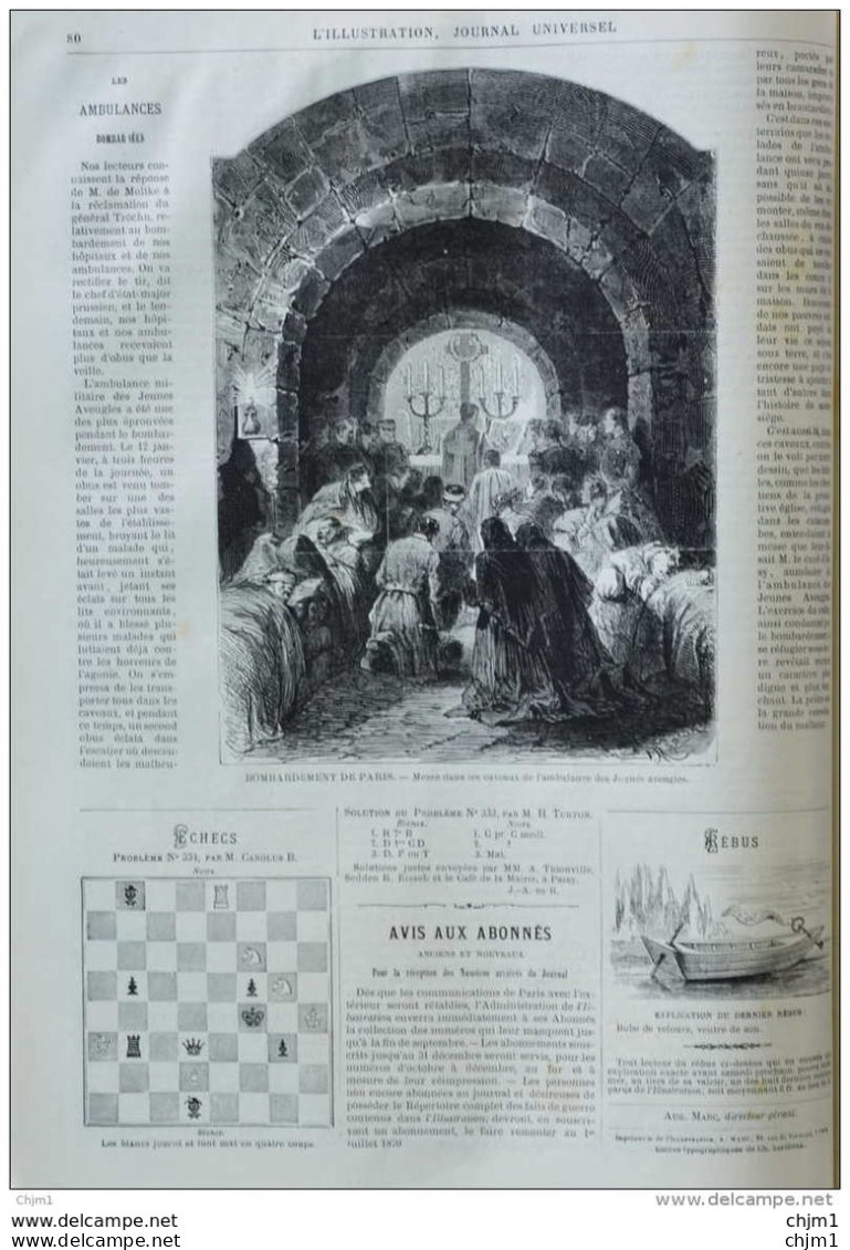 Bombardement De Paris - Messe Dans Les Caveaux De L'ambulance Des Jeunes Aveugles - Page Original 1871 - Historische Dokumente