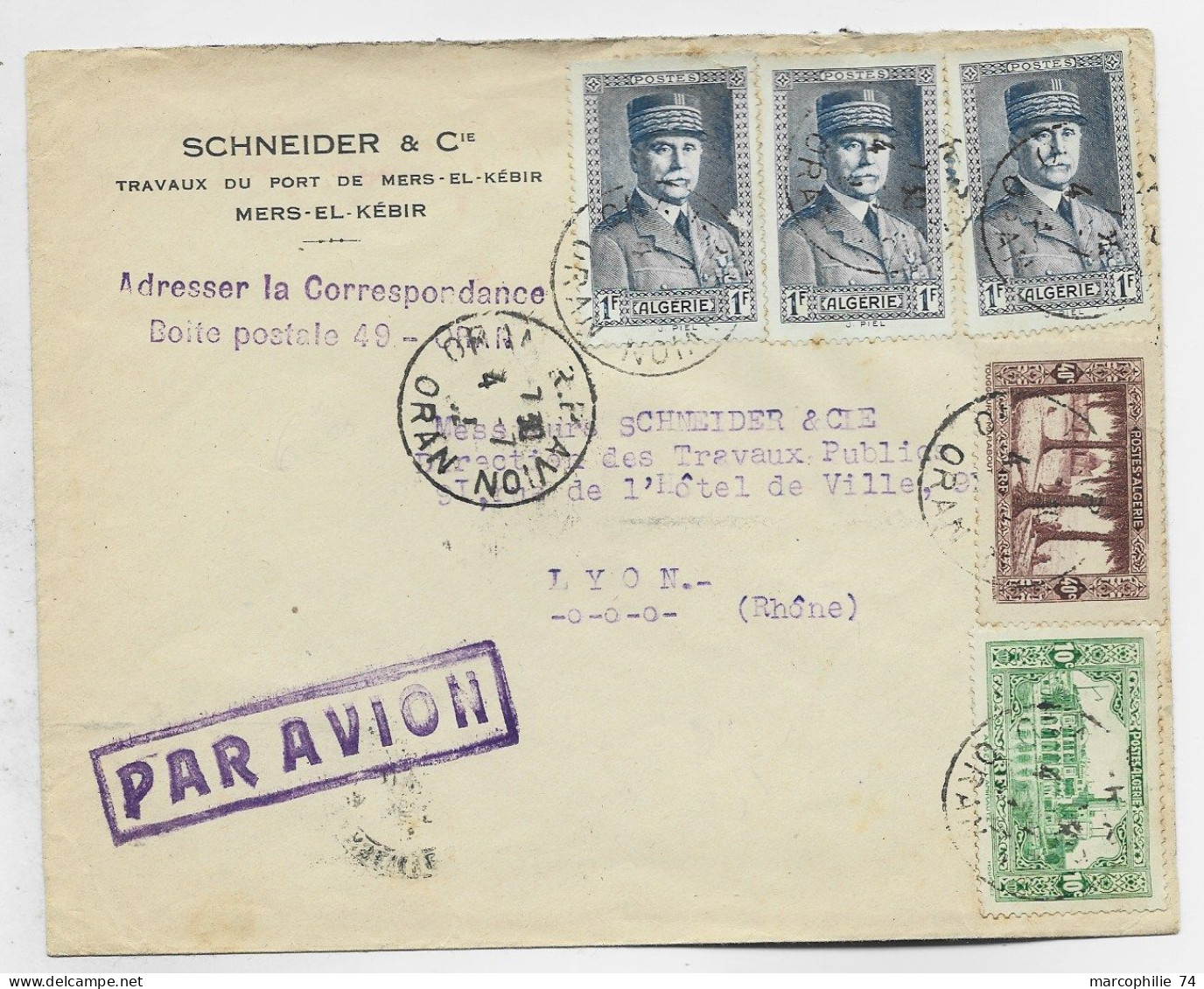 ALGERIE PETAIN 1FRX3+10C+40C LETTRE  COVER AVION ORAN RP AVION 4.7.1942 POUR LYON - 1941-42 Pétain