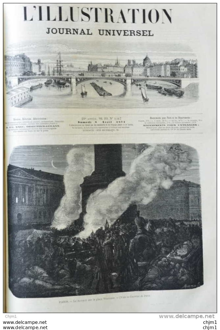 Paris - Le Bivouac Sur La Place Vendôme - Page Original 1871 - Historische Dokumente