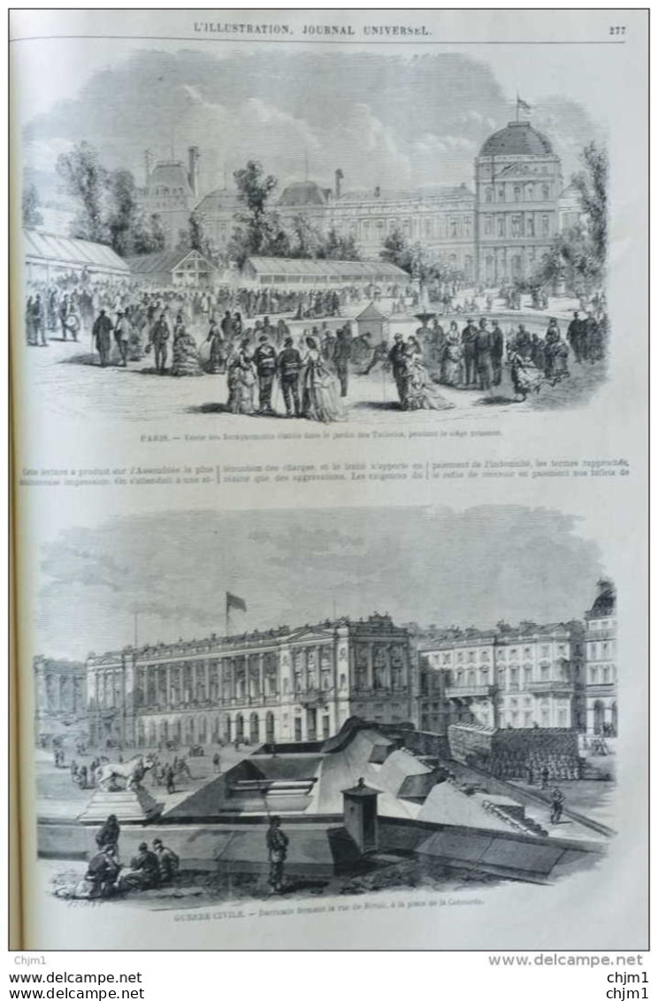 Paris - Vente De Baraquements Dans Les Jardins Des Tuileries - Barricade Fermant La Rue De Rivoli - Page Original 1871 - Historische Dokumente