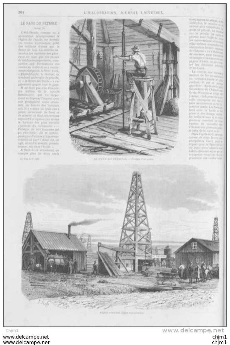 Les Pays Du Pétrole - Forage D'un Puits - Aspect Extérieur D'une Exploitation - Page Original 1871 - Historische Dokumente