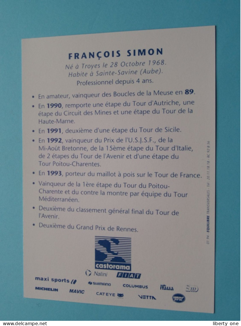 François SIMON > Team CASTORAMA 1994 ( Zie / Voir SCANS ) Nieuw ! - Cyclisme