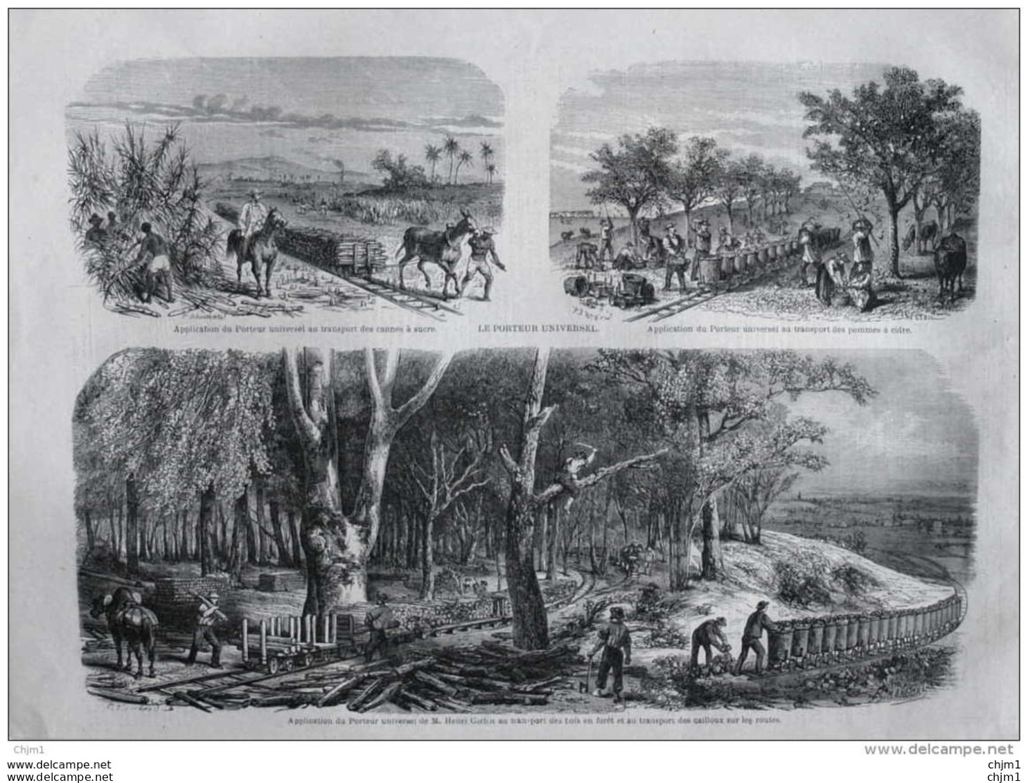 Le Porteur Universel - Au Transport Des Cannes à Sucre - Au Transport  Des Pommes à Cidre - Page Original 1871 - Documentos Históricos