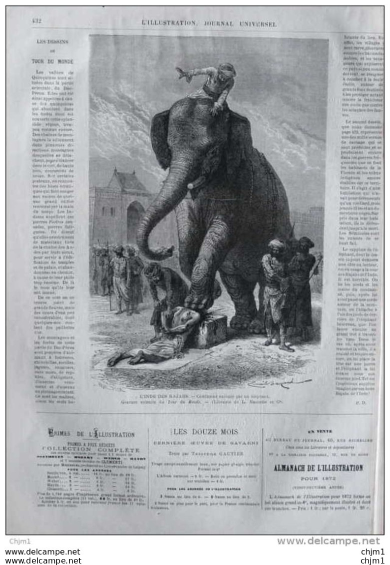 L'Inde Des Rajahs - Condamné Exécuté Par Un éléphant - Page Original 1871 - Documentos Históricos
