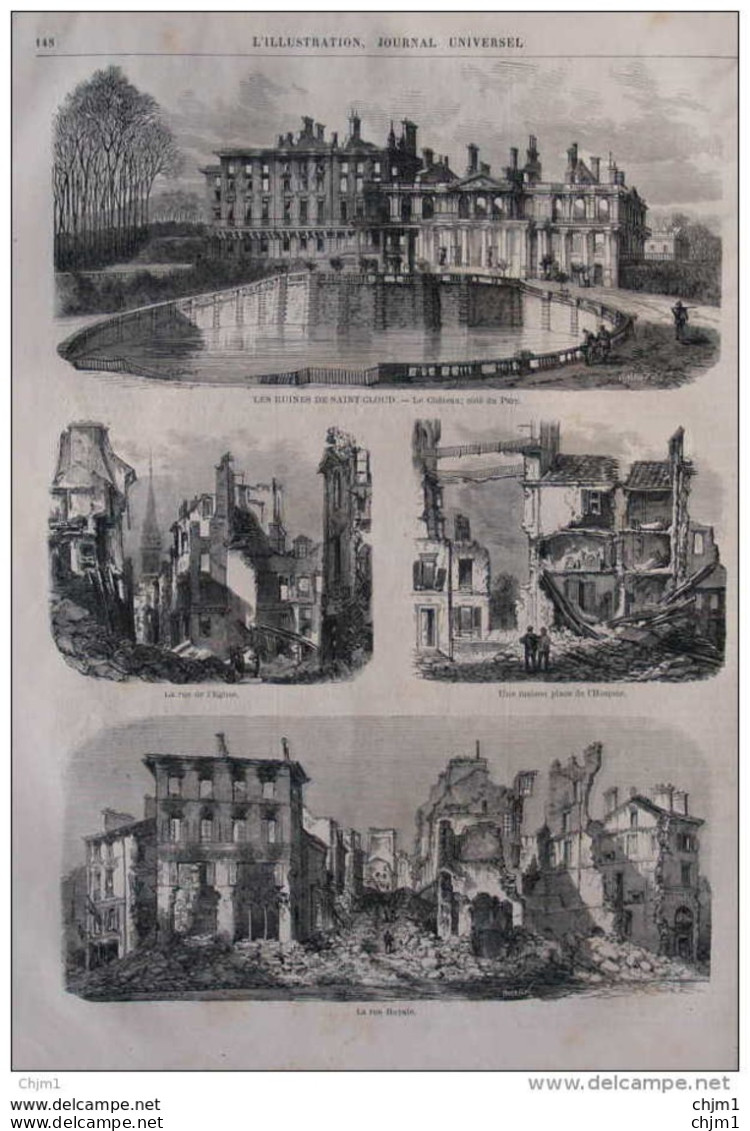 Les Ruines De Saint-Cloud - La Rue De L'église - La Rue Royale - Le Château - Page Original De 1871 - Documentos Históricos