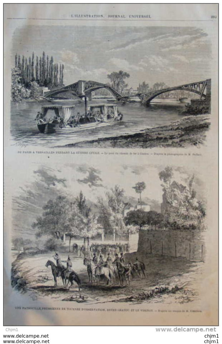 De Paris à Versailles Pendant La Guerre Civile  - Le Pont Du Chemin De Fer à Chatou - Page Original 1871 - Documentos Históricos