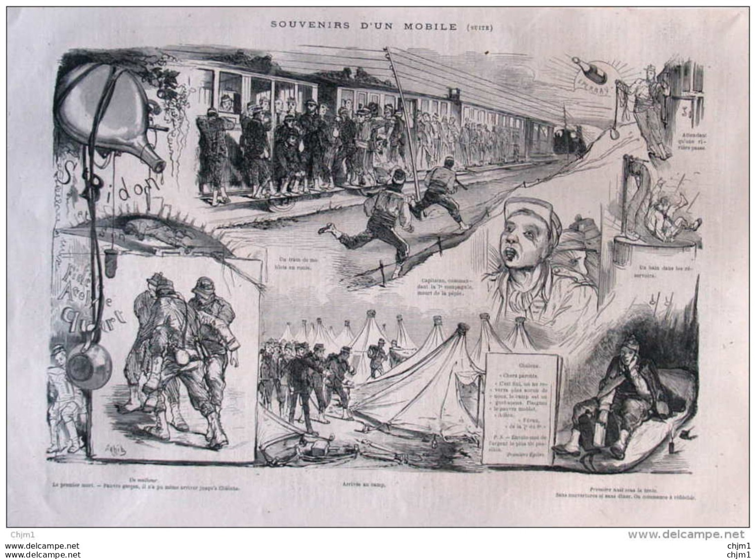 Souvenirs D'un Mobile -première Nuit Sous La Tente - Un Train De Moblots En Route  - Page Original De 1871 - Documentos Históricos