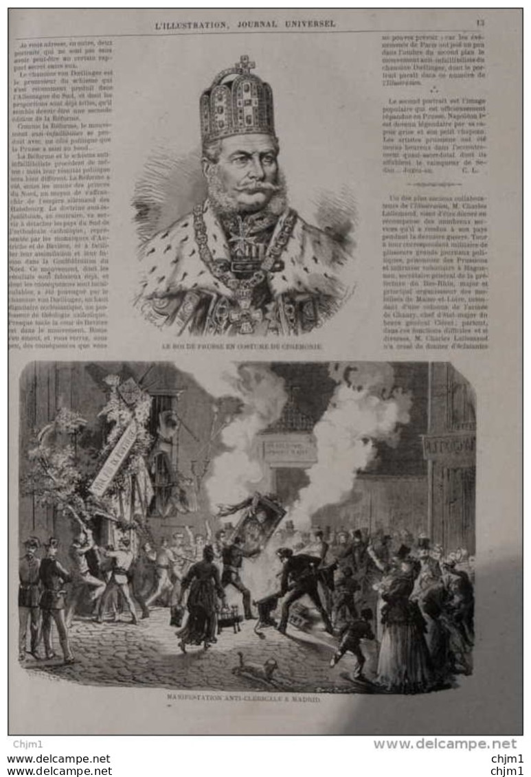 Le Roi De Prusse En Costume De Cérémonie - Manifestation Anti-cléricale à Madrid -  Page Original 1871 - Documents Historiques