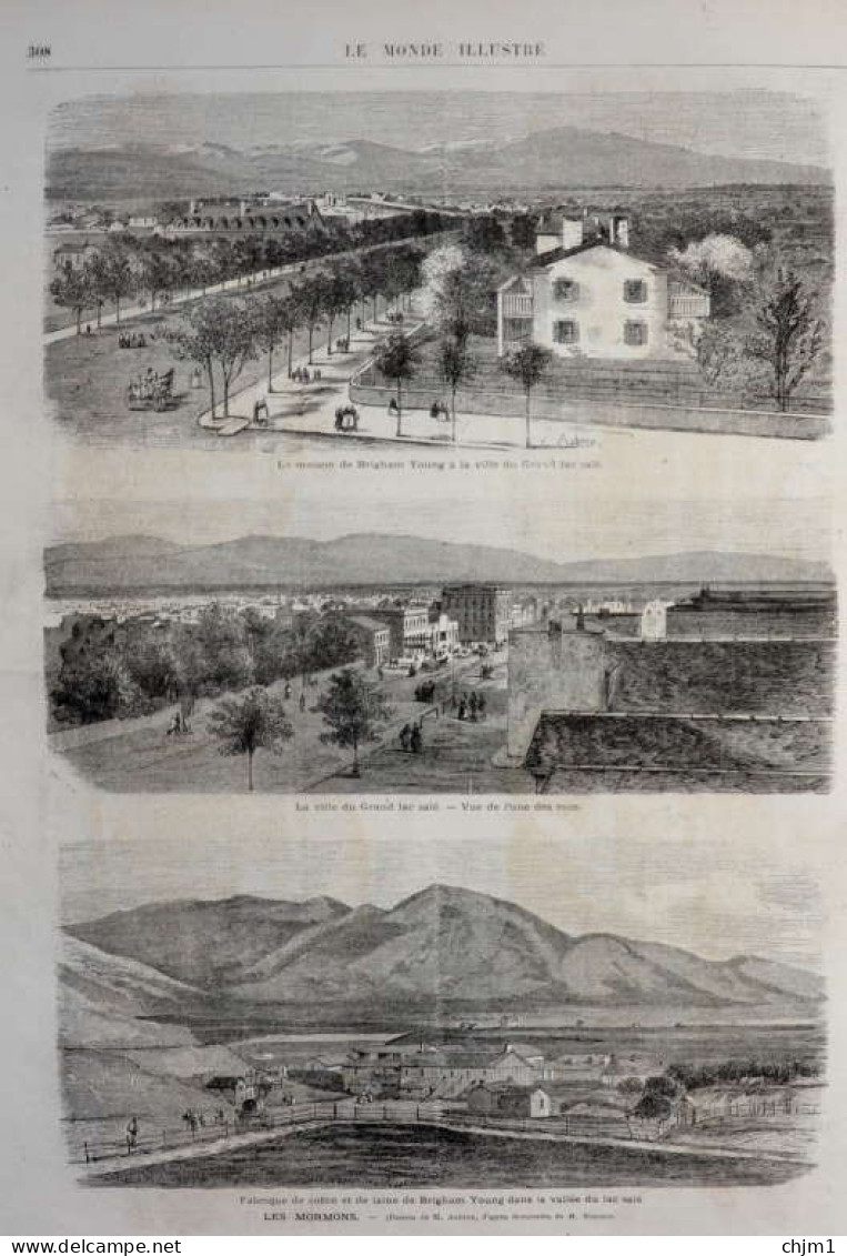 Les Mormons -  La Maison De Brigham Young à La Ville Du Grand Lac Salé - Page Original  1871 - Documents Historiques