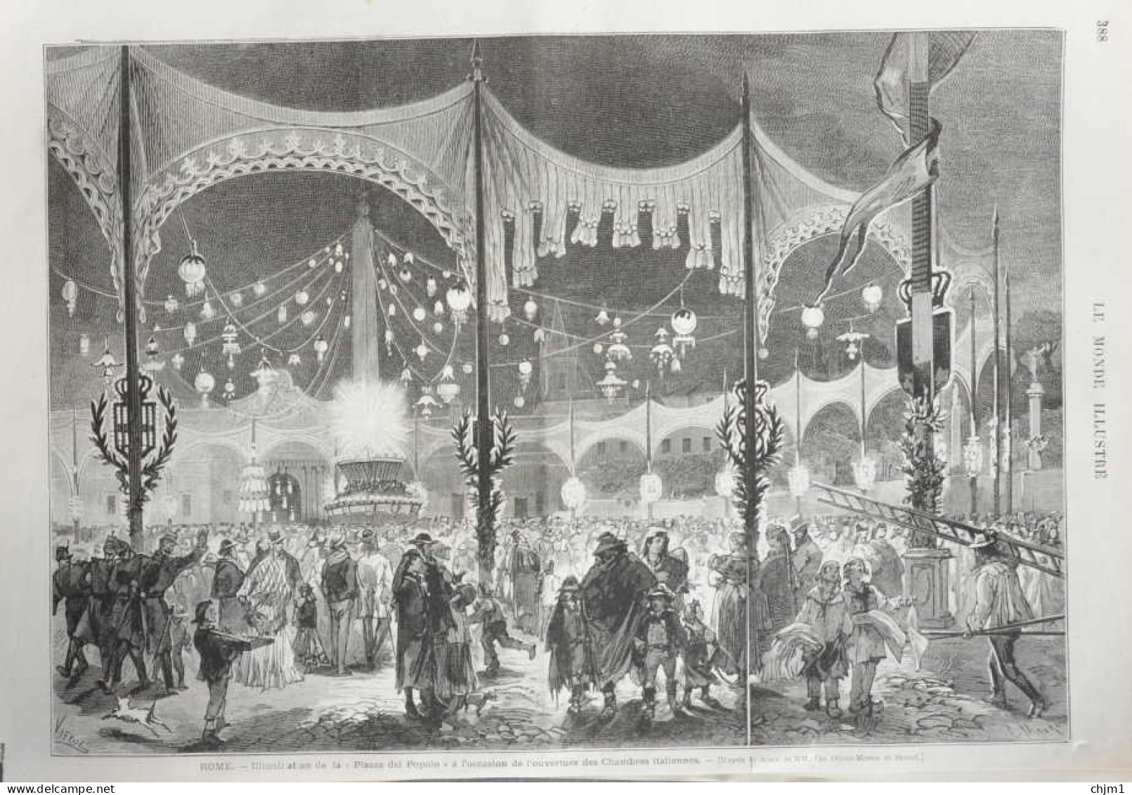 Rome - Illumination De La Piazza Del Popolo à L'occasion De L'ouverture Des Chambres - Page Original 1871 - Documents Historiques