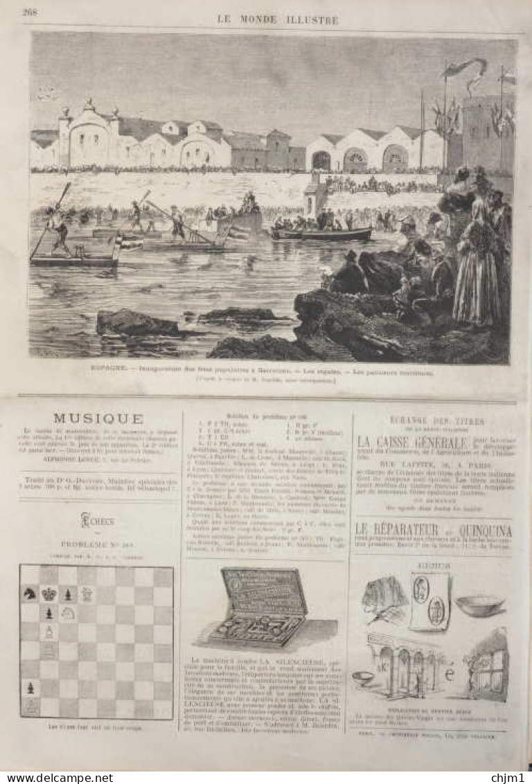 Espagne - Inauguration Des Fêtes Populaires à Barcelone - Les Régates - Page Original 1871 - Documents Historiques