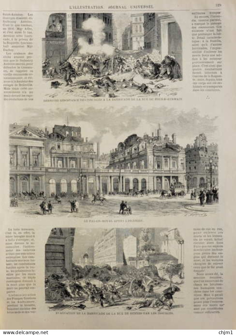 Le Palais-Royal Après L'incendie - Evacuation De La Barricade De La Rue De Rennes - Page Original 1871 - Historische Dokumente