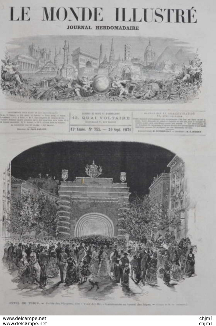 Fêtes De Turin - L'allée Des Platanes, Transformée En Tunnel Des Alpes - Page Originale 1871 - Documentos Históricos