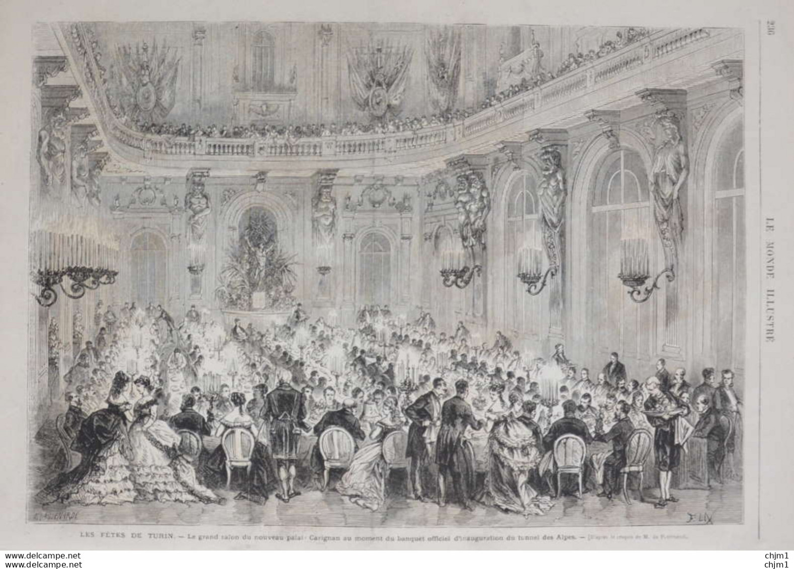 Fêtes De Turin - Le Grand Salon Du Palais Carignan - Banquet D'inauguration Du Tunnel Des Alpes - Page Originale 1871 - Historische Dokumente