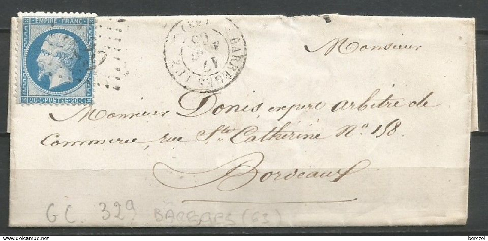 FRANCE ANNEE 1862 TP N° 22 SUR LETTRE DE BAREGES 17 AOUT 65 TB - 1862 Napoléon III