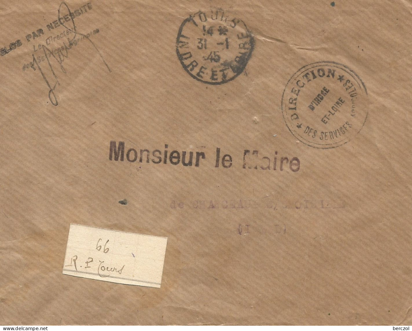 FRANCE ANNEE 1945 ENVEL. ENVEL. FRANCHISE POSTALE DIRECTION DES SERVICES AGRICOLES 31 1 45 TB  - Frankobriefe