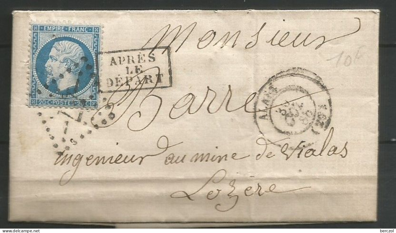 FRANCE ANNEE 1862 TP N° 22 SUR LETTRE DE ALAIS 30 NOV 69 TB - 1862 Napoléon III