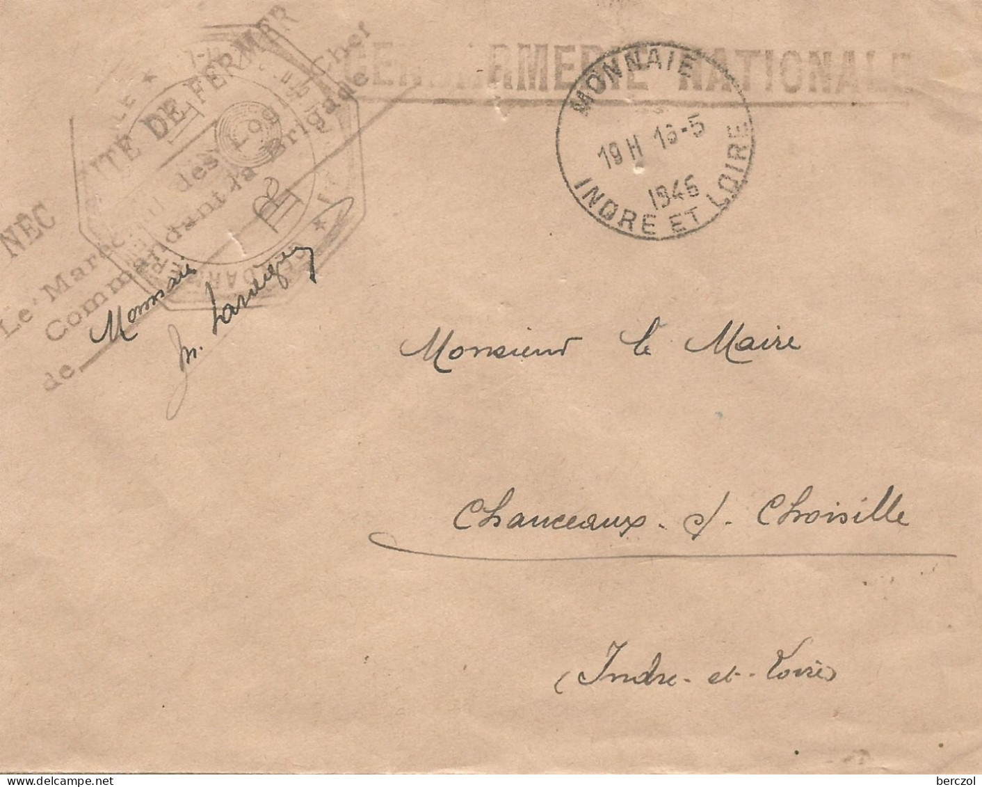 FRANCE ANNEE 1946 GENDARMERIE NATIONALE MONNAIE 16 5 1946 TB  - Lettere In Franchigia Civile