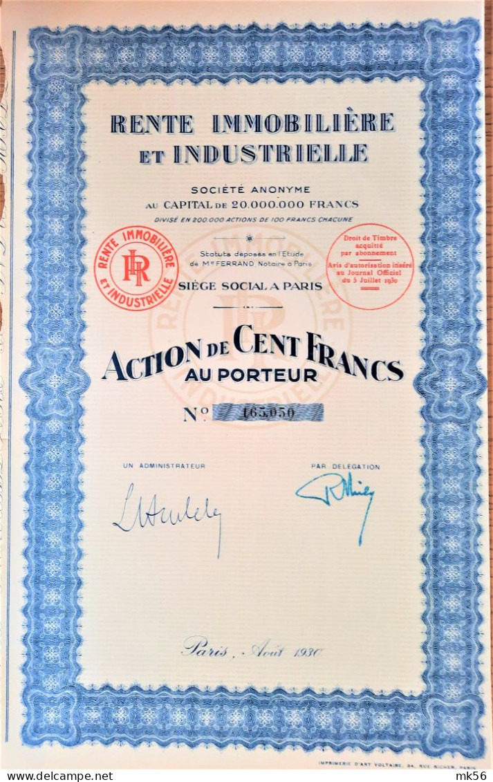 Rente - Immobilière Et Industrielle - Action De 100 Francs - 1930 - Paris - Industrial