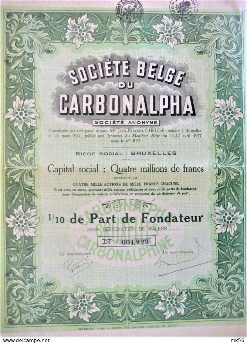 S.A. Soc.Belge Du Carbonalpha - 1/10e P.de Fondateur  (1927) - Bruxelles - Industrie