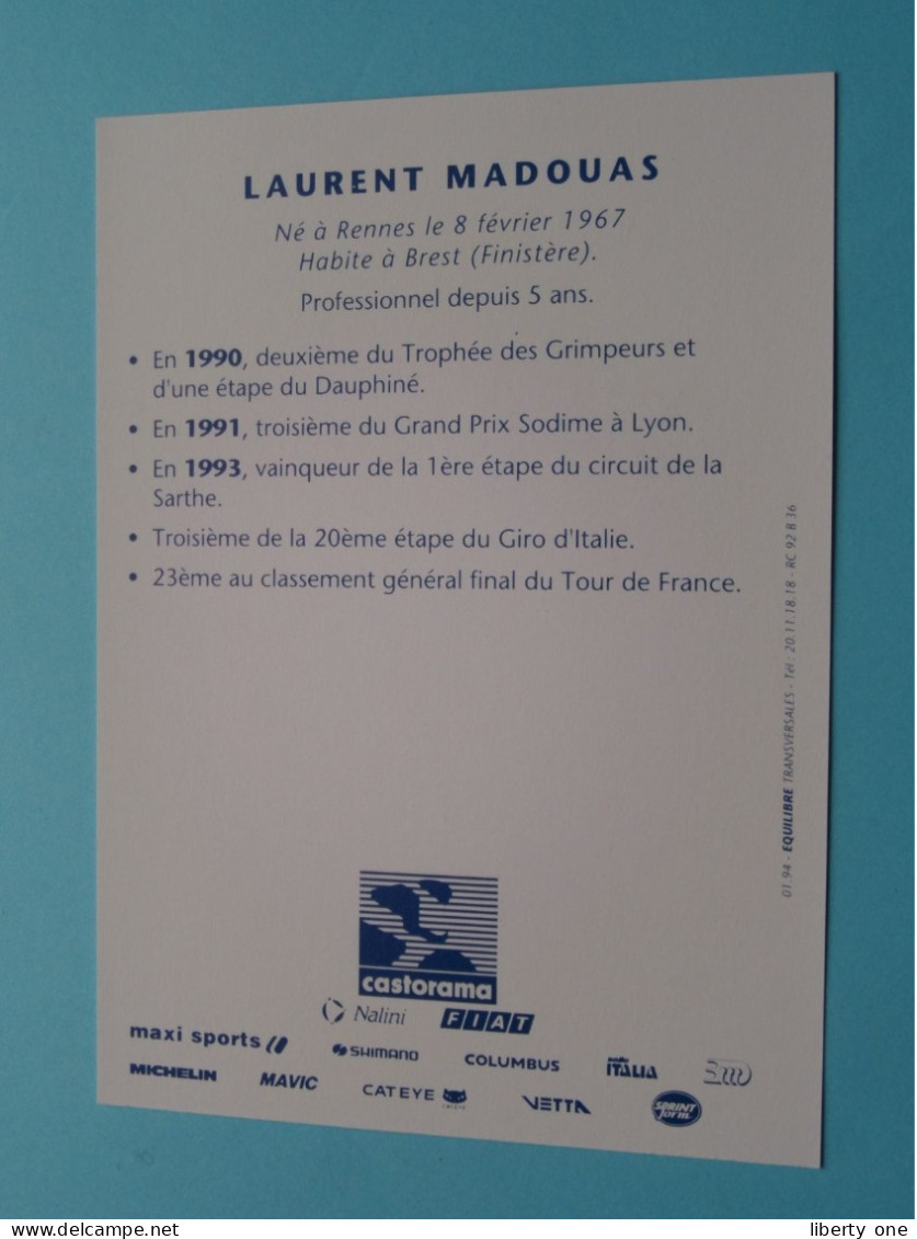 Laurent MADOUAS > Team CASTORAMA 1994 ( Zie / Voir SCANS ) Nieuw ! - Cycling