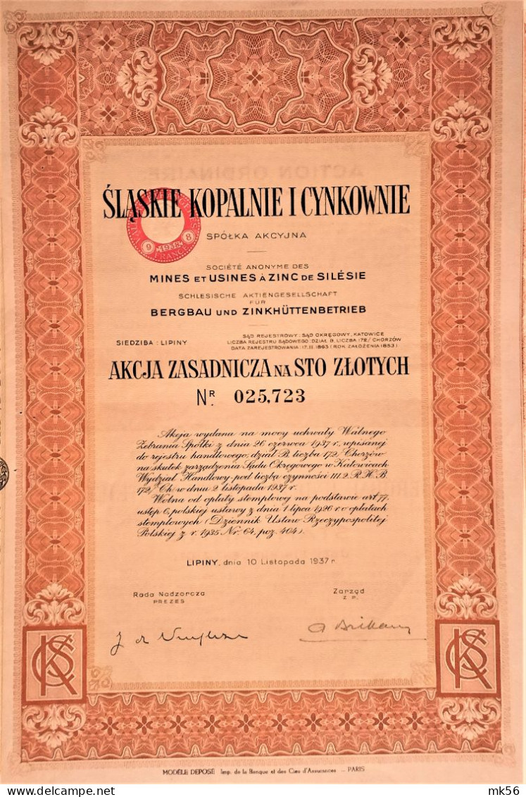 S.A. Slaskie Kopalnie I Cynkownie - Mines Et Usines à Zinc Silésie (1937) Lipiny - Mines