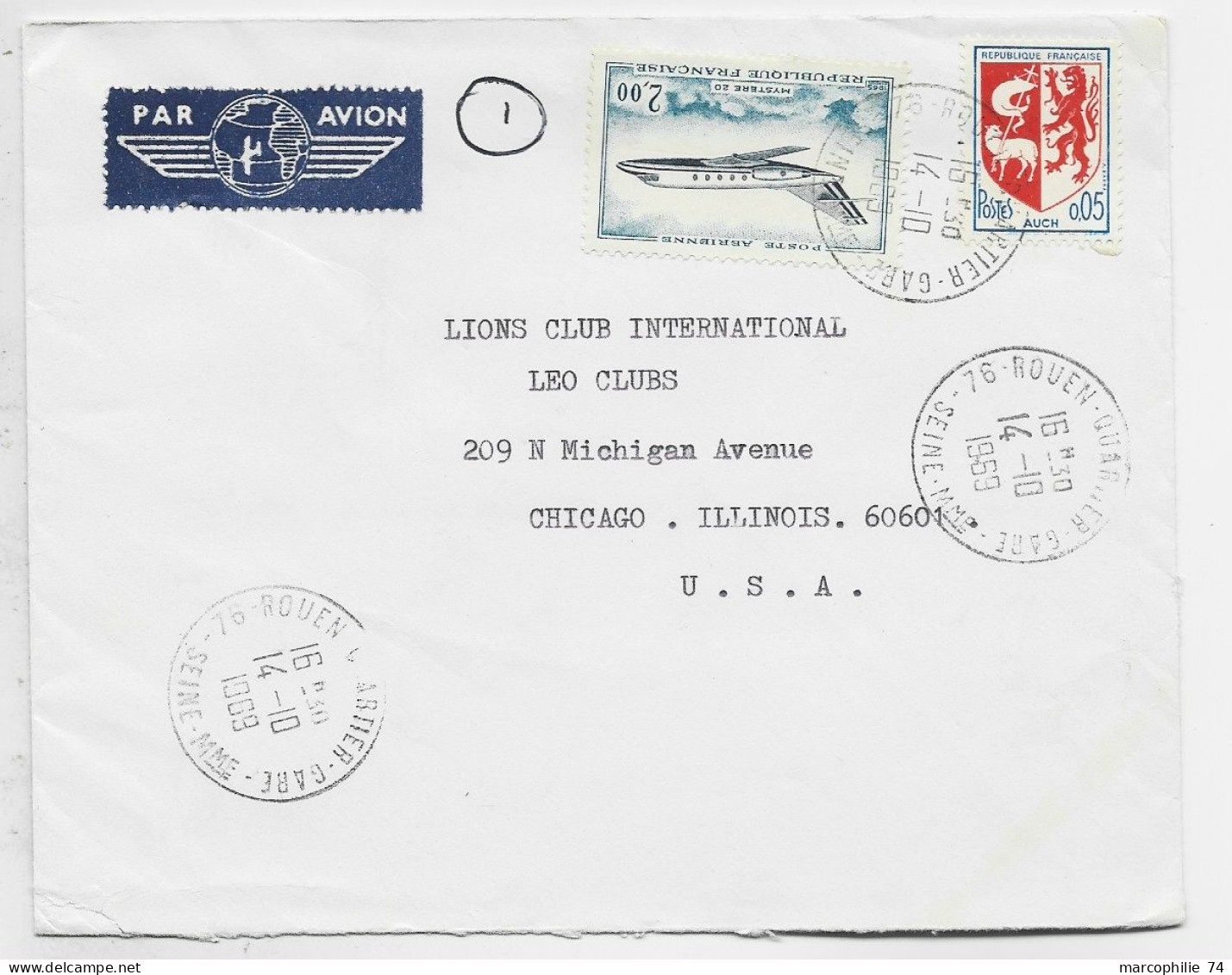 BLASON 5C AUCH + PA 2FR LETTRE AVION 76 ROUEN 14.10.1969 POUR USA - 1941-66 Armoiries Et Blasons