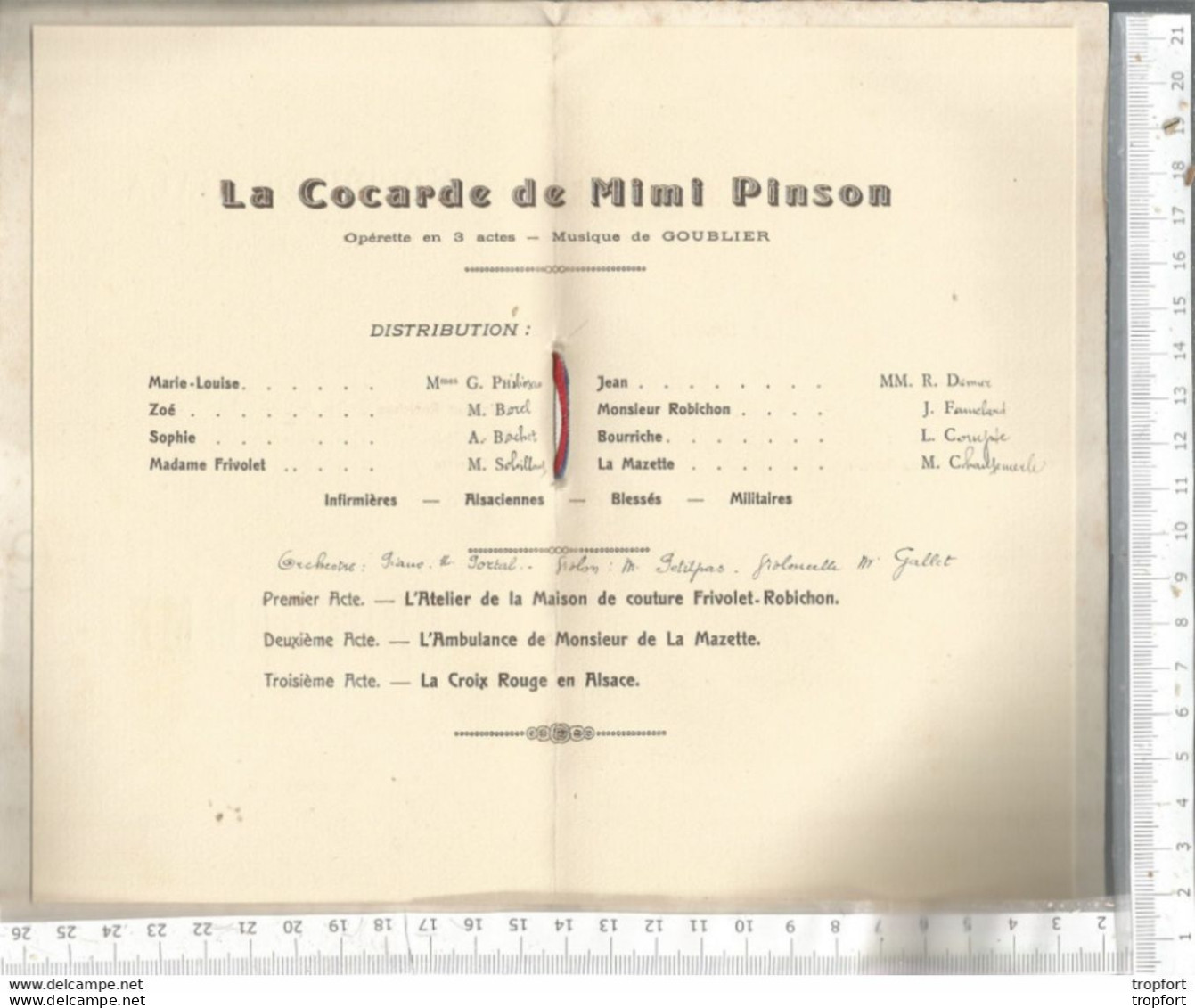 PG / Vintage // PROGRAMME SOIREE DE GALA AU PROFIT DE LA CROIX ROUGE 1929  COCARDE MIMI PINSON // ALSACE CIGOGNE - Programas