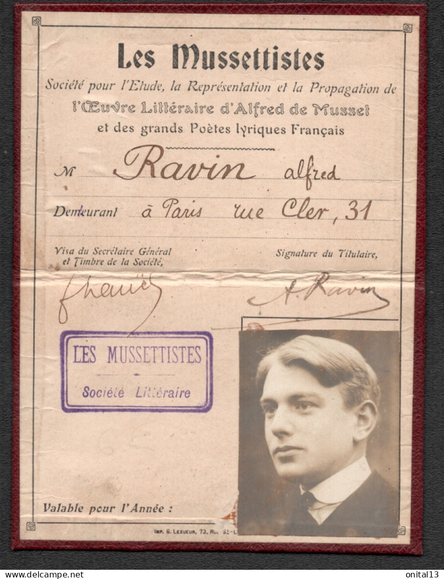 CARTE MEMBRE SOCIETE LITTERAIRE LES MUSSETISTES / ALFRED DE MUSSET POETES LYRIQUES / RAVIN ALFRED  F137 - Documentos Históricos