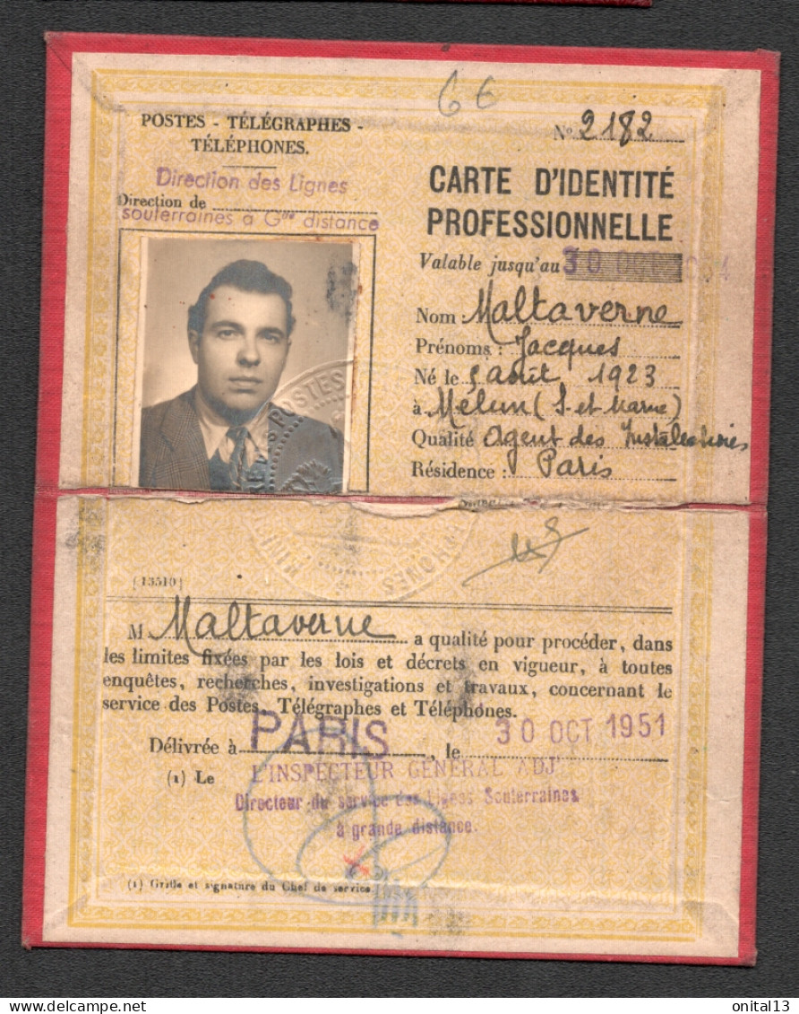 1951 CARTE D'IDENTITE PROFESSIONNELLE POSTES TELEGRAPHES TELEPHONES / LIGNES SOUTERRAINES  / PTT F138 - Documentos Históricos