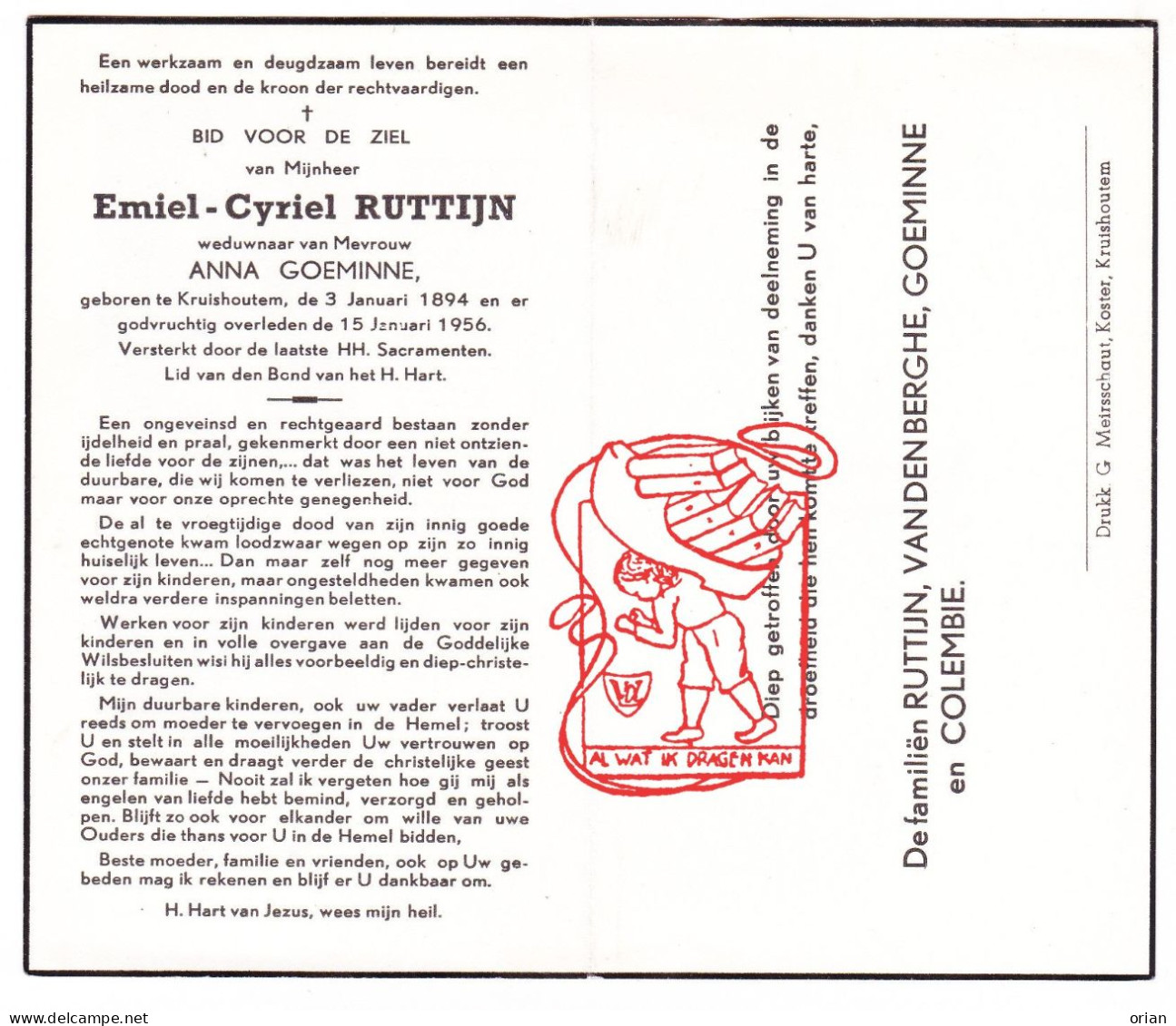 DP Emiel Cyriel Ruttijn ° Kruishoutem 1894 † 1956 X Anna Goeminne // Vandenberghe Colembie - Imágenes Religiosas