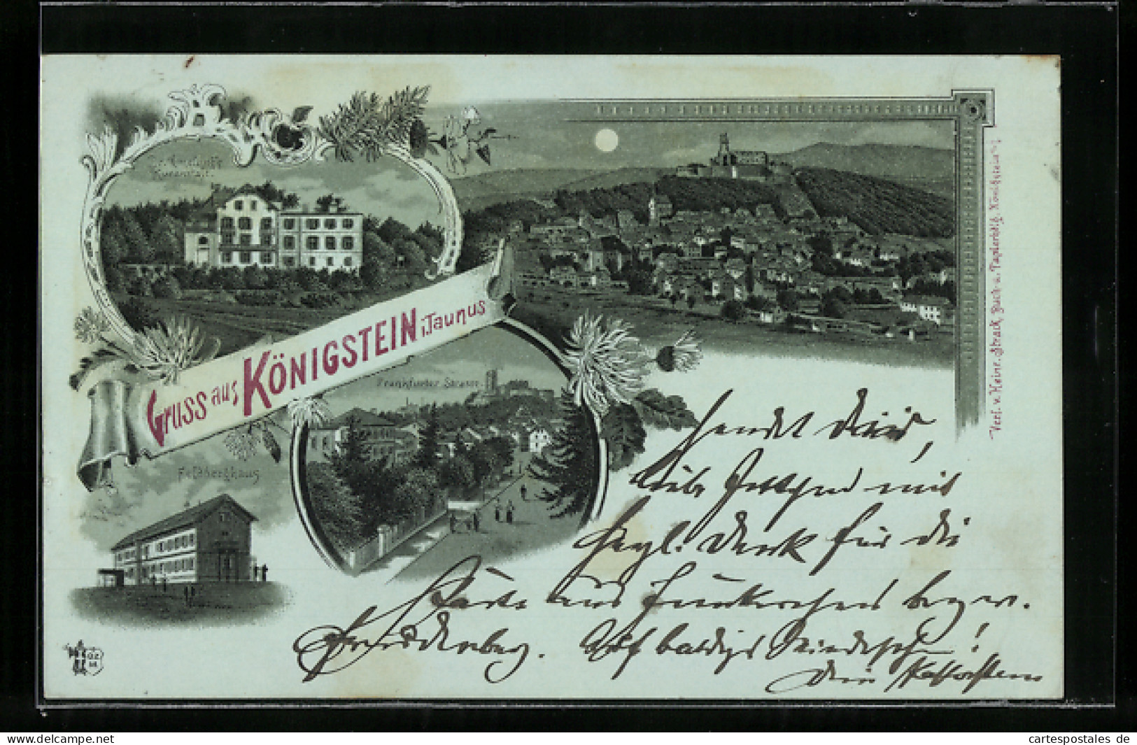 Mondschein-Lithographie Königstein /Taunus, Dr. Amelung`s Kuranstalt, Frankfurter Strasse Und Feldberghaus  - Taunus