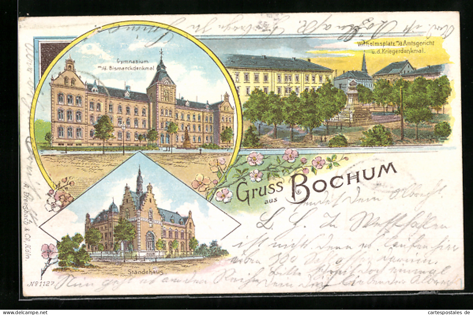 Lithographie Bochum, Gymnasium M. D. Bismarckdenkmal, Ständehaus Und Amtsgericht  - Bochum