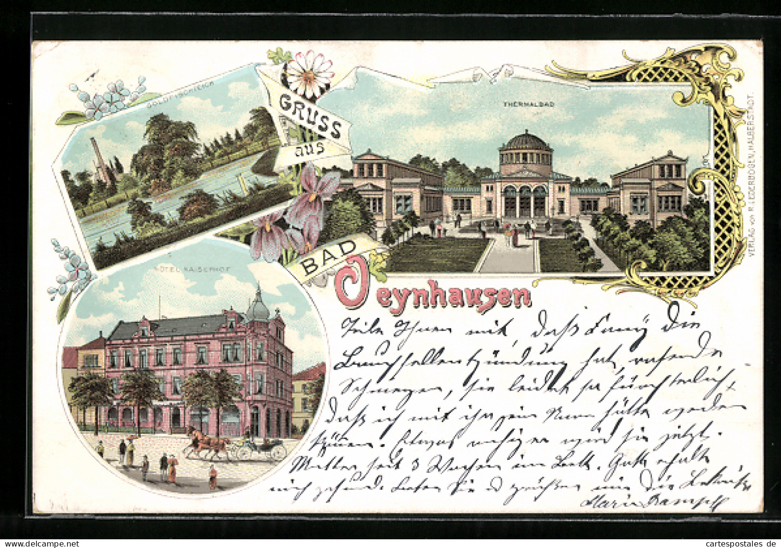 Lithographie Bad Oeynhausen, Hotel Kaiserhof, Goldfischteich, Thermalbad  - Bad Oeynhausen