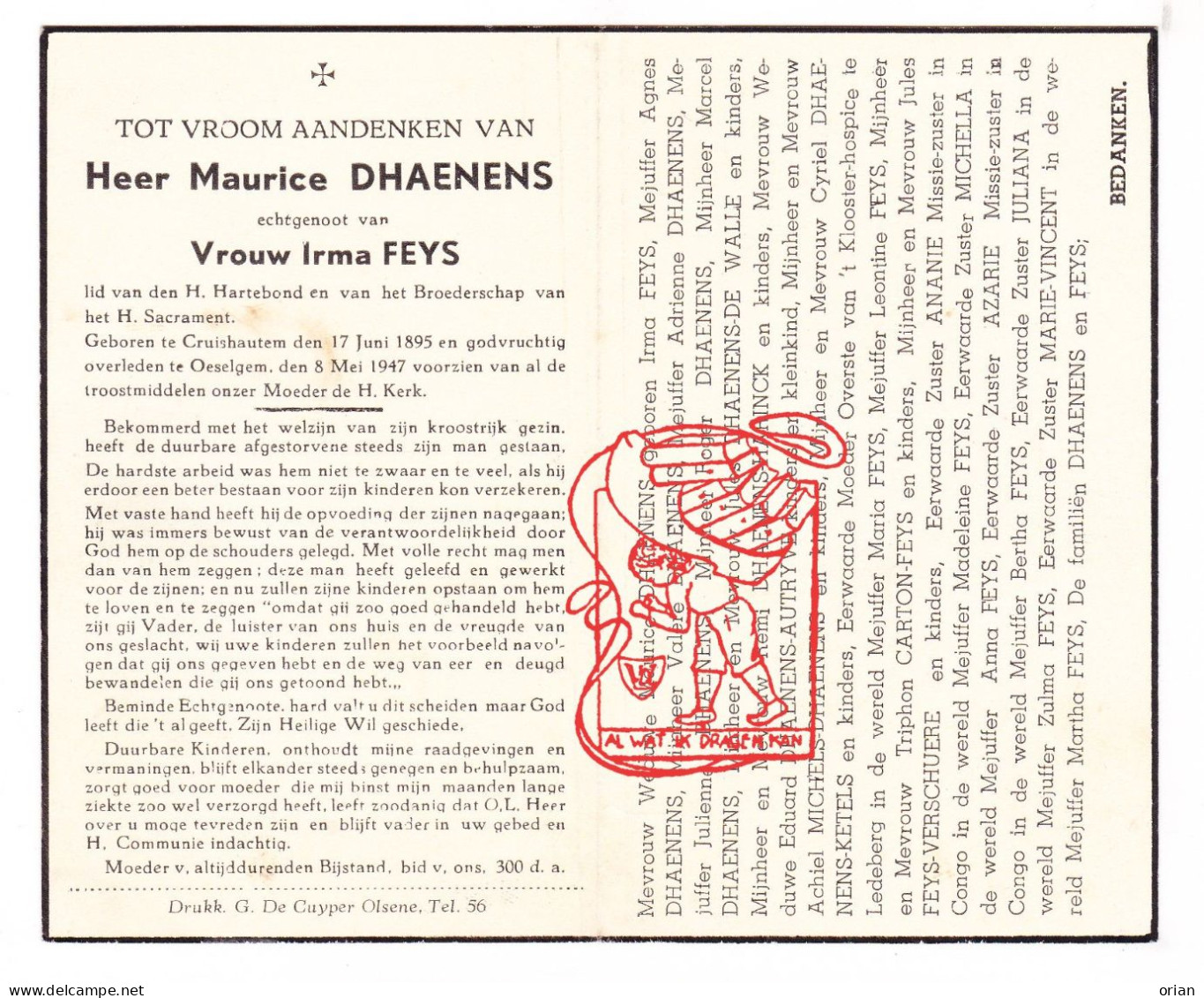 DP Maurice Dhaenens ° Kruishoutem 1895 † Oeselgem Dentergem 1947 Feys Autryve Michels Carton De Walle Harinck Ketels - Devotion Images