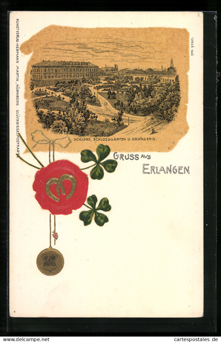Lithographie Erlangen, Schloss, Schlossgarten Und Orangerie, Glücksbringer  - Erlangen