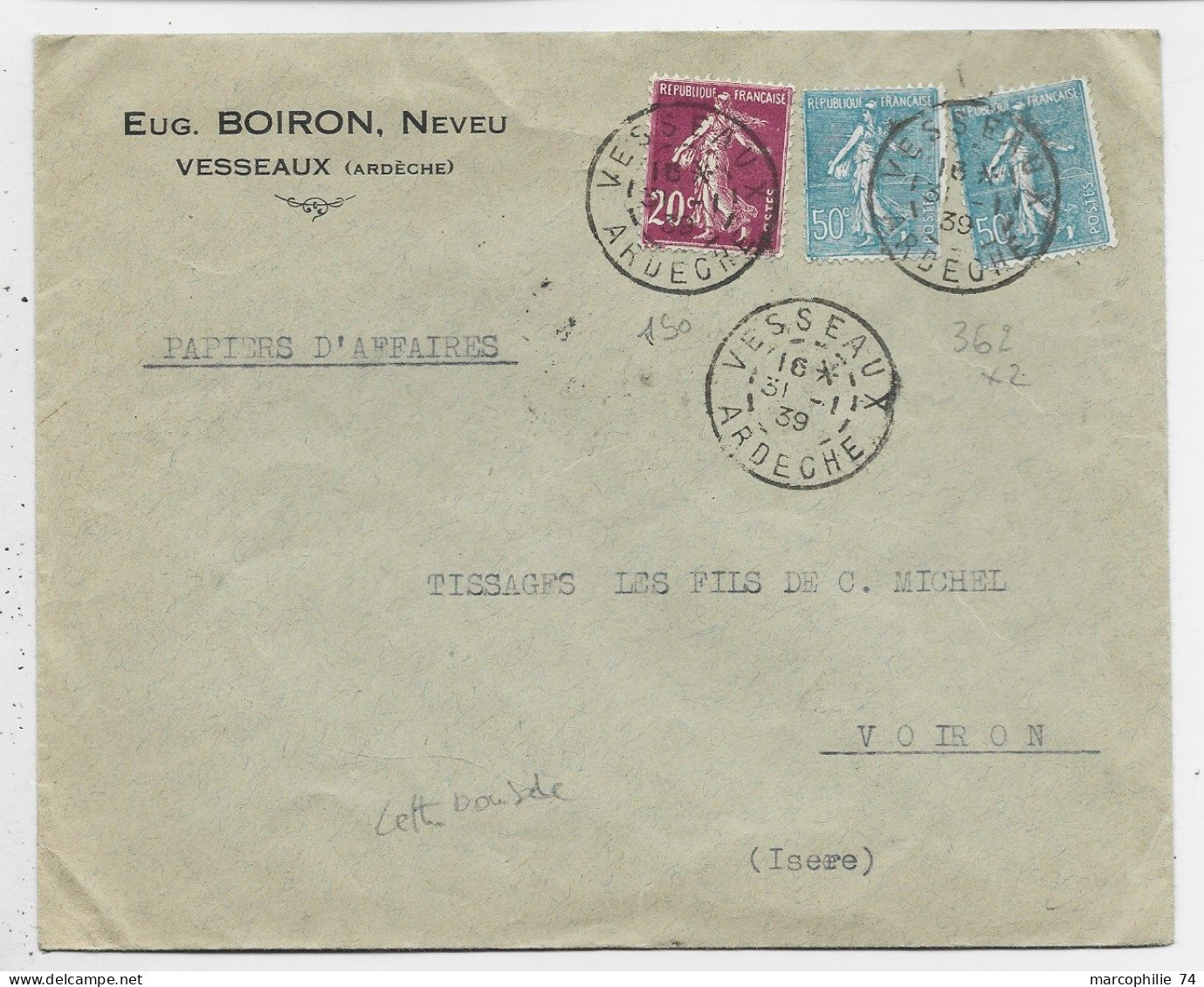 FRANCE SEMEUSE 50C TURQUOISEX2+20C LILAS LETTRE PAPIERS D' AFFAIRES VESSEAUX 31.1.1939 ARDECHE TARIF 2EME PEU COMMUN - 1903-60 Säerin, Untergrund Schraffiert