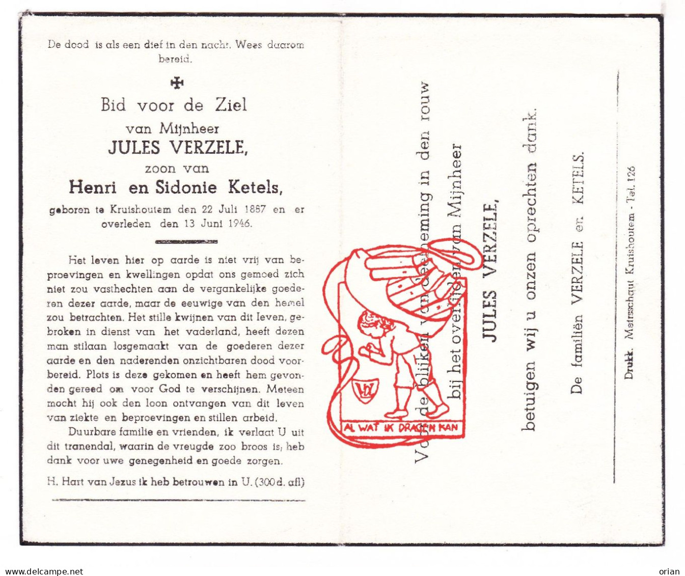 DP Jules Verzele / Ketels ° Kruishoutem 1887 † 1946 - Images Religieuses