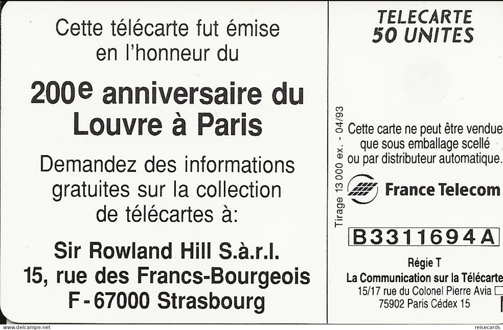 France: France Telecom 04/93 En622 Louvre à Paris.  Mona Lisa. Mint - 1993