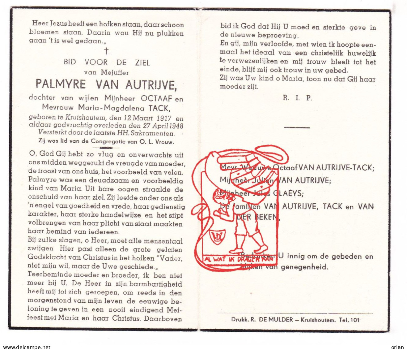 DP Palmyre Van Autrijve Autryve / Tack ° Kruishoutem 1917 † 1948 Claeys Van Der Beken - Devotion Images