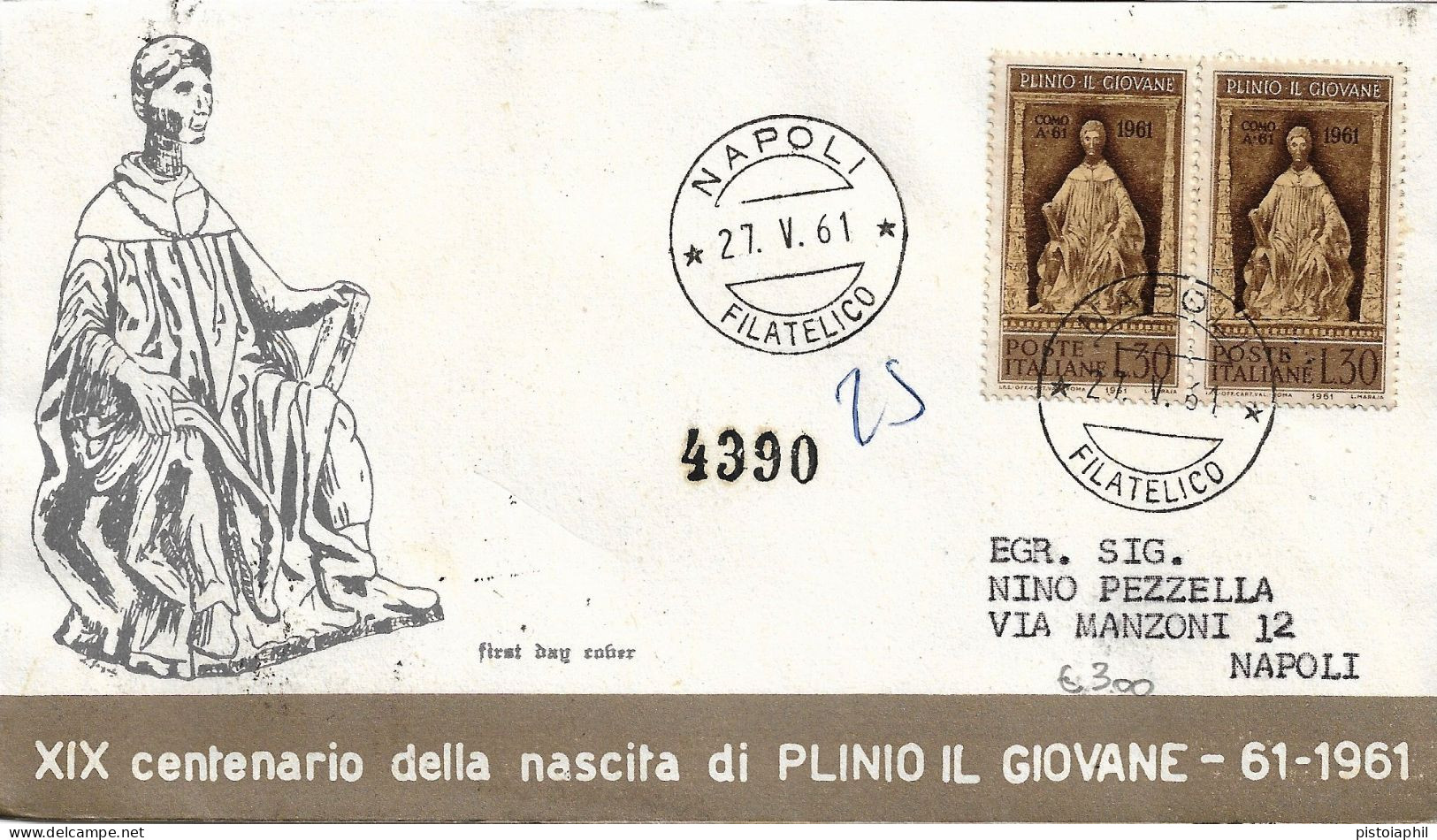 RARA Fdc Venus: PLINIO IL GIOVANE 1961 Raccomandata, Annullo Filatelico Napoli - FDC