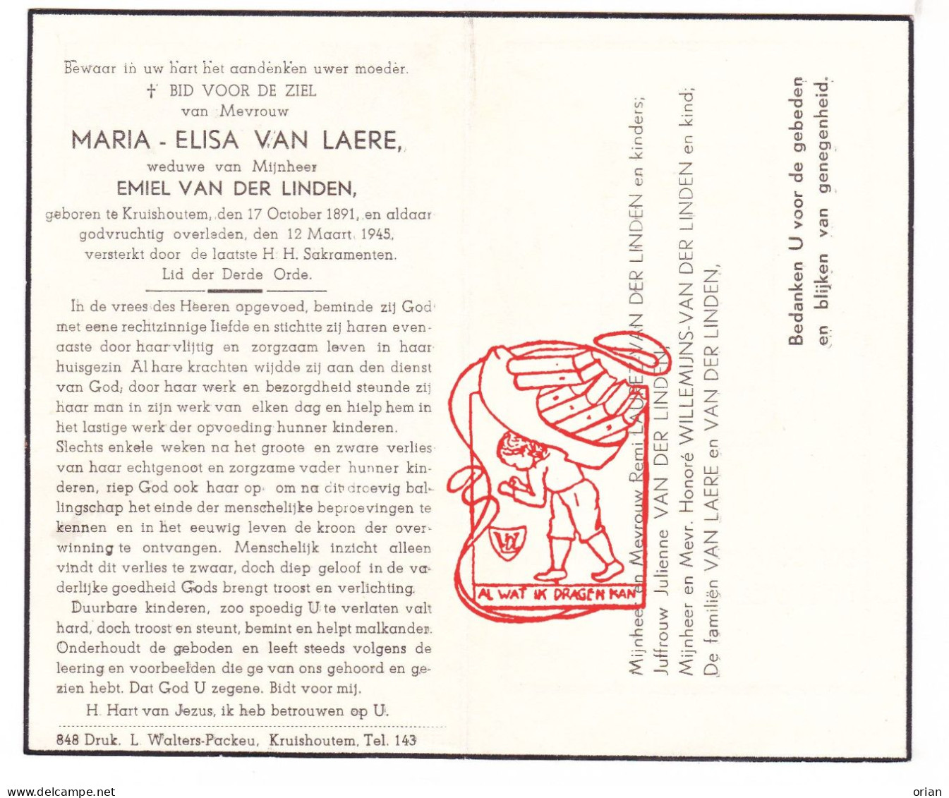 DP Maria Elisa Van Laere ° Kruishoutem 1891 † 1945 X Emiel Van Der Linden Vanderlinden // Laurez Willemijns Willemyns - Andachtsbilder